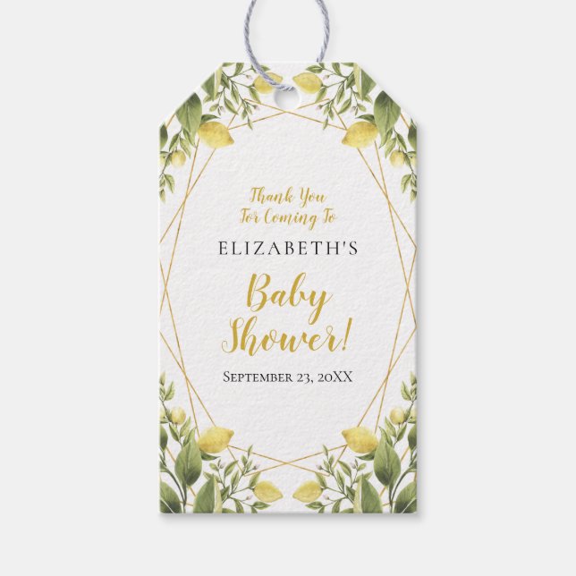 Étiquettes-cadeau Baby shower de verdure aux citrons (Devant)