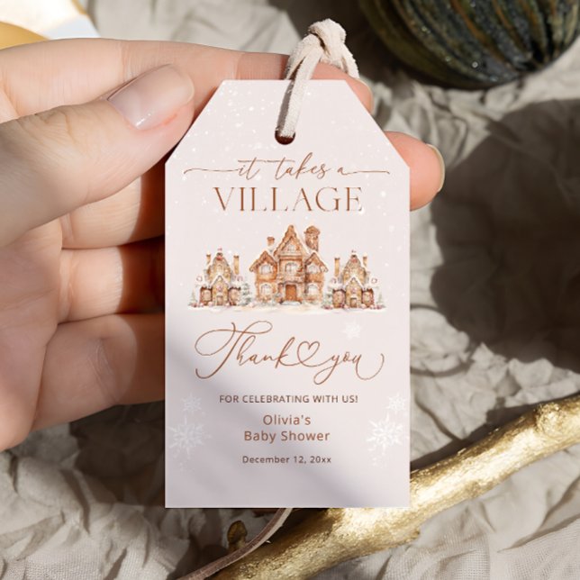 Étiquettes-cadeau Baby shower de village d'hiver Merci (Créateur téléchargé)