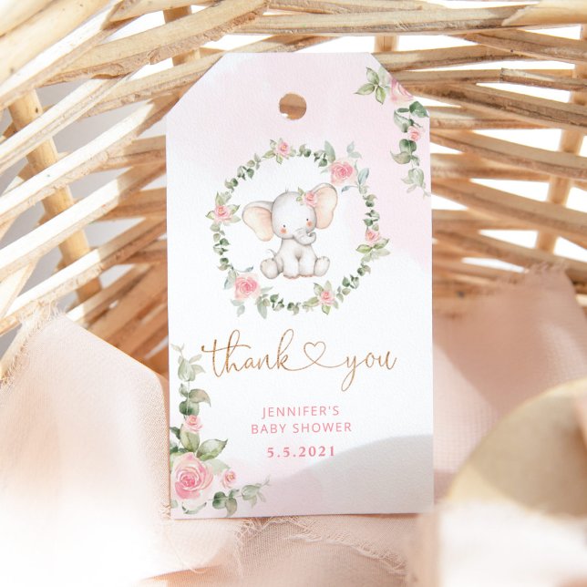 Étiquettes-cadeau Baby shower d'éléphant rose floral (Créateur téléchargé)