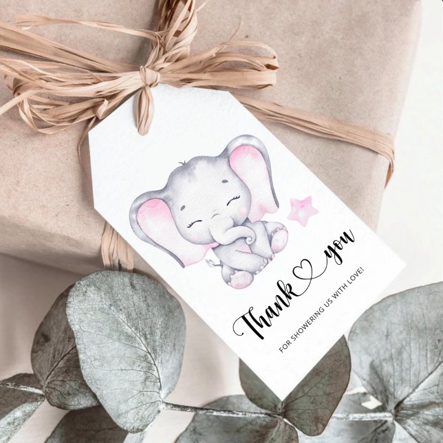 Étiquettes-cadeau Baby shower d'éléphant rose merci (Créateur téléchargé)