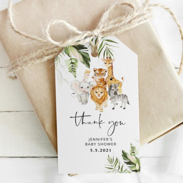 Étiquettes-cadeau Baby shower des animaux de safari tropicaux merci (Créateur téléchargé)