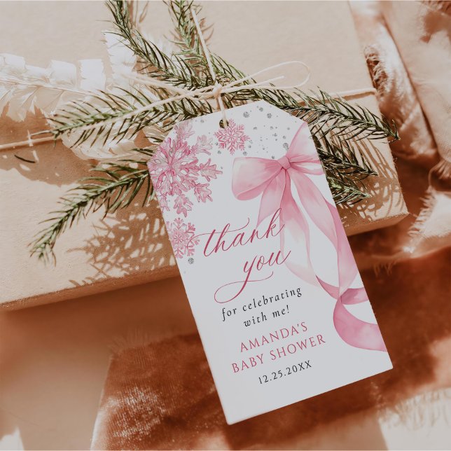 Étiquettes-cadeau Baby shower des flocons de neige de Bow rose d'hiv (Créateur téléchargé)
