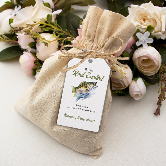 Étiquettes-cadeau Baby shower des pêcheurs de gros poissons de Reel (Créateur téléchargé)