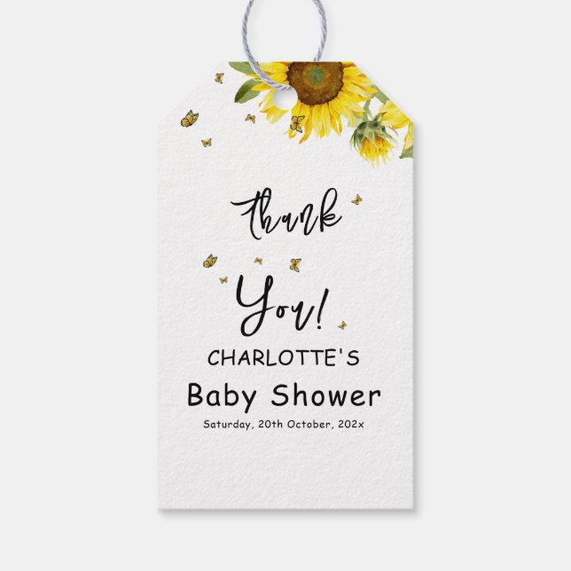 Étiquettes-cadeau Baby shower des tournesols et papillons d'aquarell (Dos)
