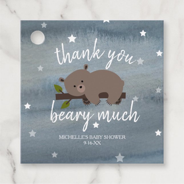 Étiquettes Cadeau Baby shower d'étoiles d'aquarelle de l'ours doré (Devant)