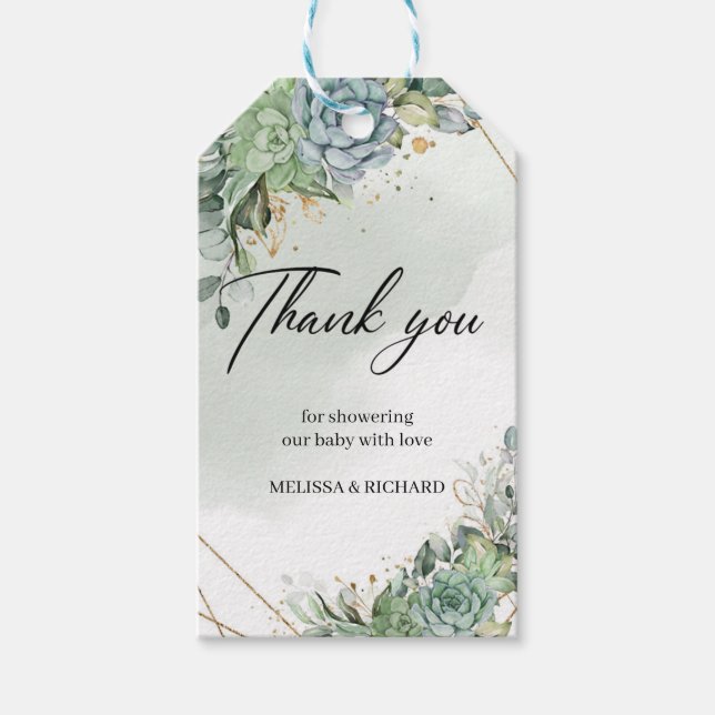 Étiquettes-cadeau Baby shower d'eucalyptus bleu poussiéreux vert (Devant)
