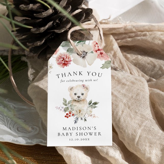 Étiquettes-cadeau Baby shower d'hiver de l'ours polaire à l'aquarell (Créateur téléchargé)