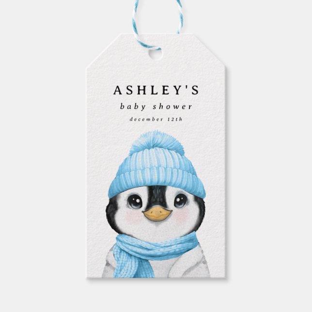 Étiquettes-cadeau Baby shower d'hiver du pingouin bleu (Devant)