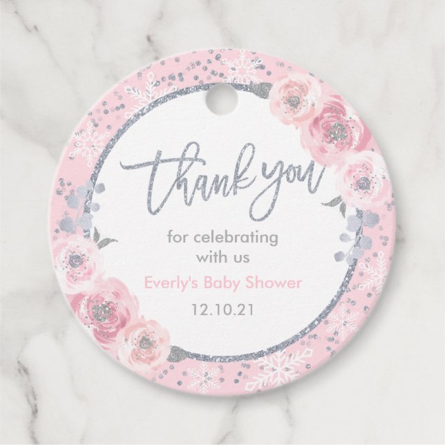Étiquettes Cadeau Baby shower d'hiver Pink & Silver Snowflake Douche (Devant)