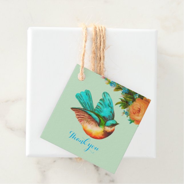 Étiquettes Cadeau Baby shower d'oiseaux et de fleurs Merci (En situation)
