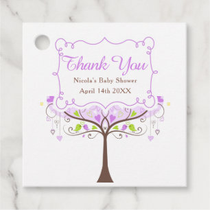 Étiquettes Cadeau Baby shower d'oiseaux floraux pourpre et vert Merc