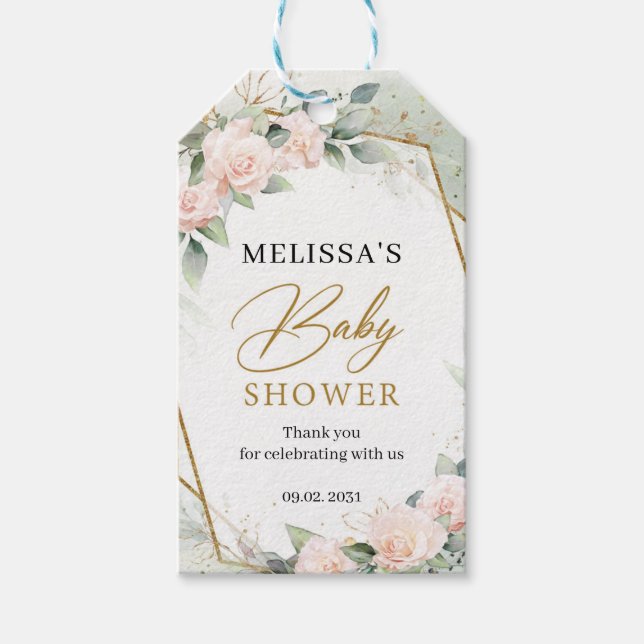 Étiquettes-cadeau Baby shower d'or rose d'eucalyptus (Devant)
