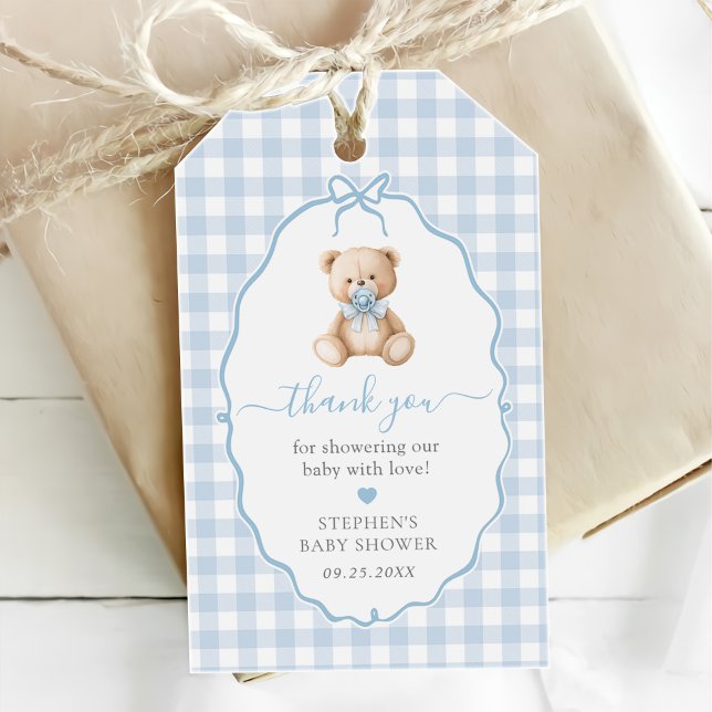 Étiquettes-cadeau Baby shower d'ours en En vichy bleu (Créateur téléchargé)