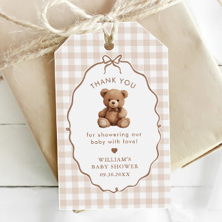 Étiquettes-cadeau Baby shower d'ours en peluche En vichy neutre