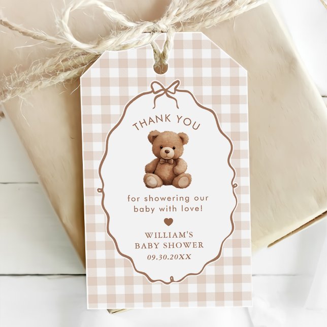 Étiquettes-cadeau Baby shower d'ours en peluche En vichy neutre (Créateur téléchargé)