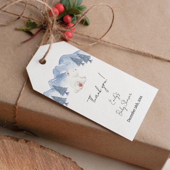 Étiquettes-cadeau Baby shower d'ours polaire hivernal neutre pour le (Cute Gender Neutral Winter Polar Bear Baby Shower Gift Tags)