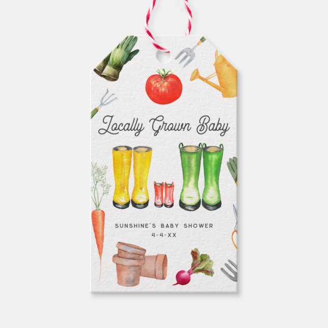 Étiquettes-cadeau Baby shower du jardin des Bottes rouges locales (Devant)