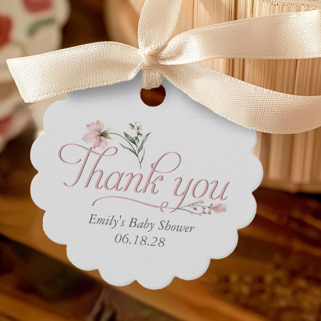 Étiquettes Cadeau Baby shower élégant avec calligraphie rose pour fl (Elegant Calligraphy baby girl shower favor thank you tags.)