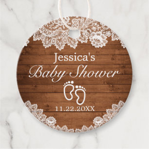 Étiquettes Cadeau Baby shower en bois rustique et dentelle blanche