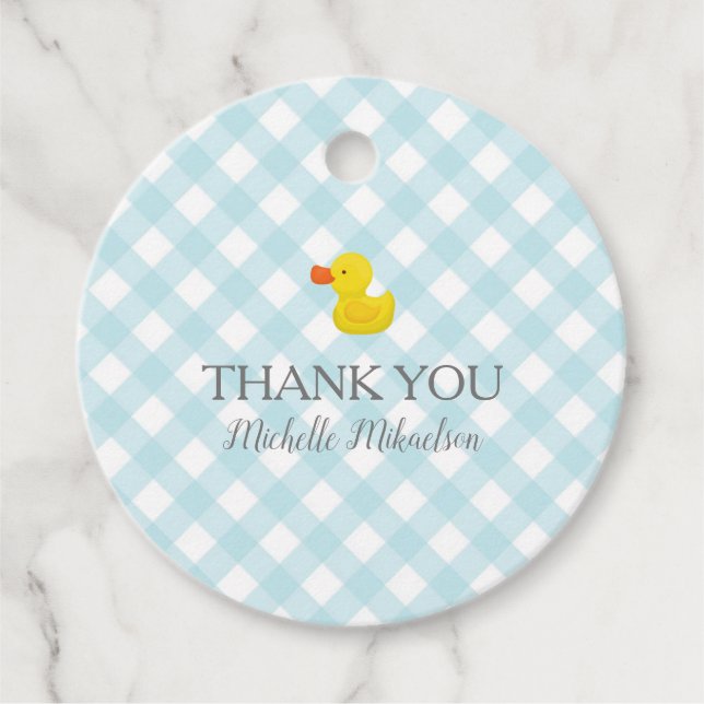 Étiquettes Cadeau Baby shower en caoutchouc En vichy bleu (Devant)