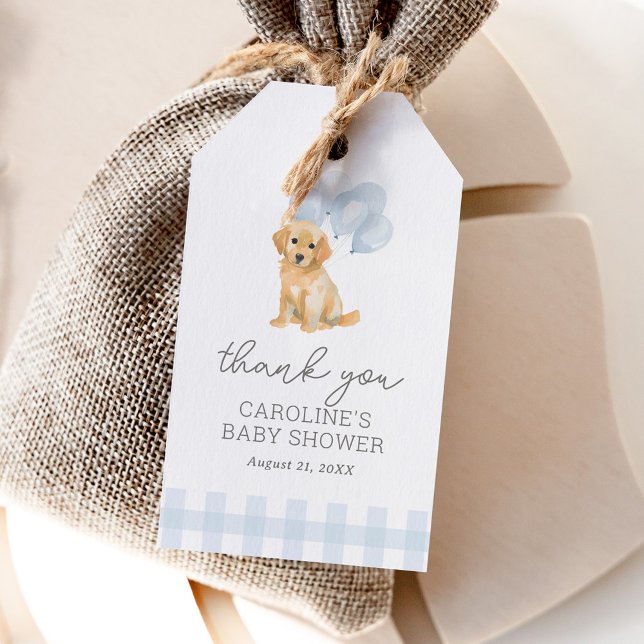 Étiquettes-cadeau Baby shower En vichy bleu Golden Retriever (Créateur téléchargé)