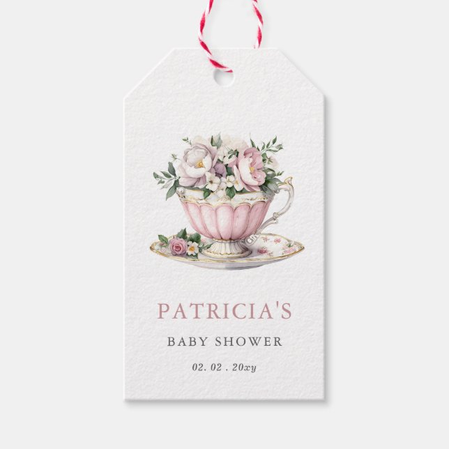 Étiquettes-cadeau Baby shower Fille de Tea Party rose vif (Devant)