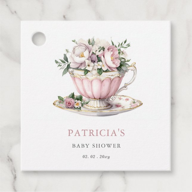 Étiquettes Cadeau Baby shower Fille de Tea Party rose vif (Devant)