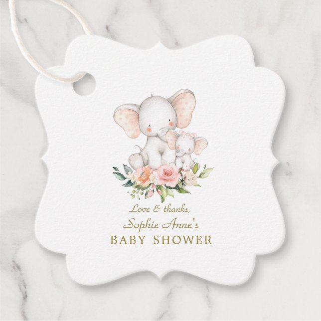 Étiquettes Cadeau Baby shower fille Eléphant à l'aquarelle mignonne (Devant)