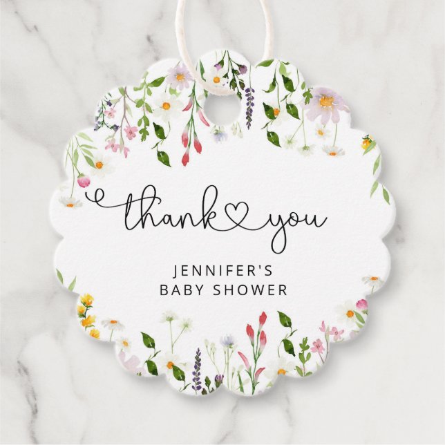 Étiquettes Cadeau Baby shower fleur sauvage aquarelle merci (Devant)
