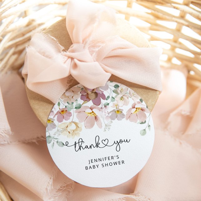 Étiquettes Cadeau Baby shower fleur sauvage aquarelle merci (Créateur téléchargé)