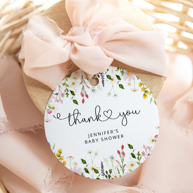Étiquettes Cadeau Baby shower fleur sauvage aquarelle merci (Créateur téléchargé)
