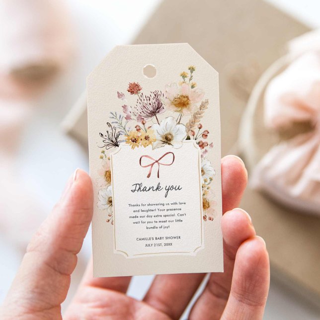 Étiquettes-cadeau Baby shower Fleur sauvage Boho Merci (Wildflower Party Thank you favor tag)