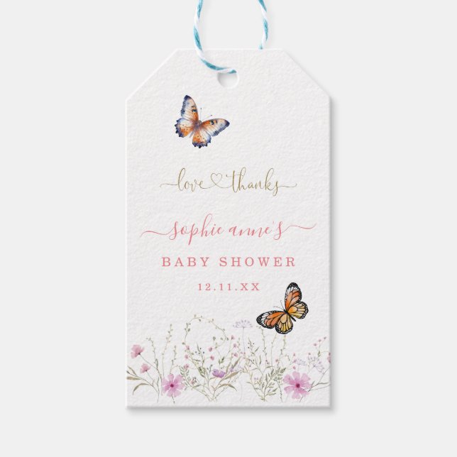 Étiquettes-cadeau Baby shower Fleur sauvage de papillon aquarelle (Devant)