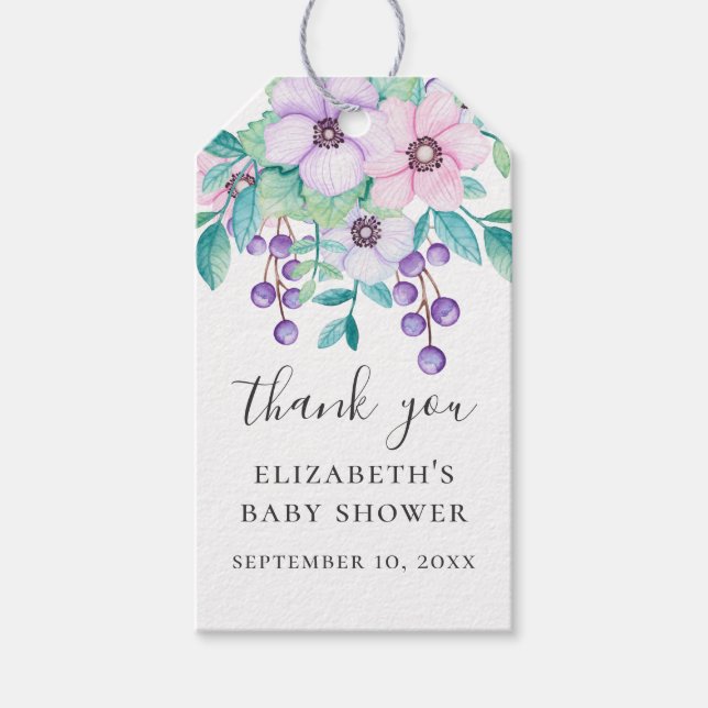 Étiquettes-cadeau Baby shower fleuri violet et rose merci (Devant)