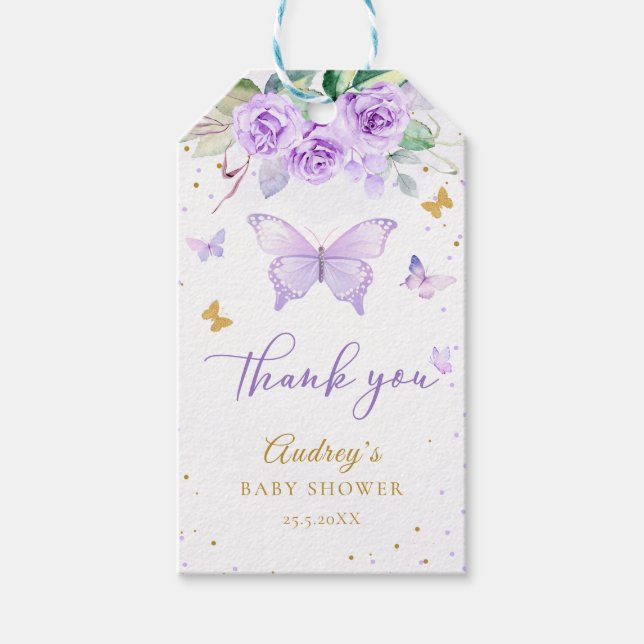 Étiquettes-cadeau Baby shower Floral de papillon d'or violet (Devant)