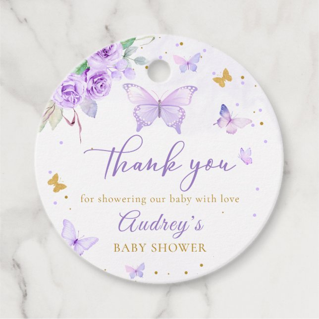 Étiquettes Cadeau Baby shower floral de papillon d'or violet (Devant)