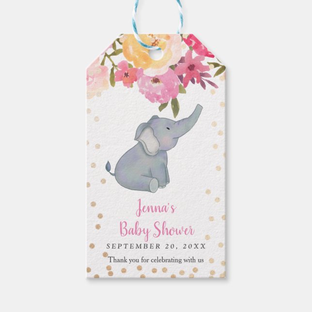 Étiquettes-cadeau Baby shower floral rose éléphant (Devant)