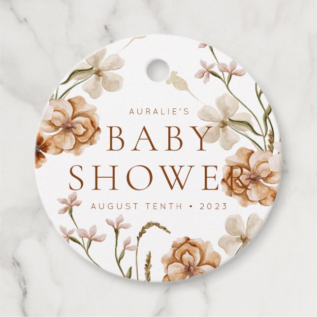Étiquettes Cadeau Baby shower floral rustique en fleur sauvage (Devant)