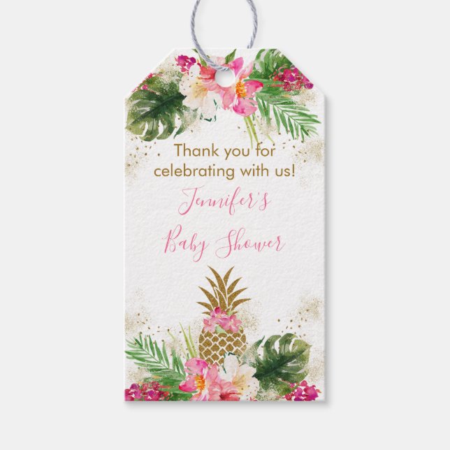 Étiquettes-cadeau Baby shower floral tropical à ananas (Devant)