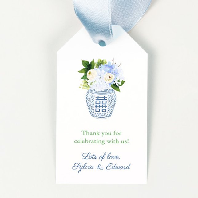 Étiquettes-cadeau Baby shower floral vert blanc bleu neutre pour les (Gender neutral blue white and green chinoiserie chic baby shower favor tags)