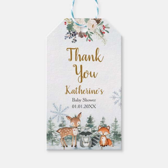 Étiquettes-cadeau Baby shower forestier d'hiver (Devant)