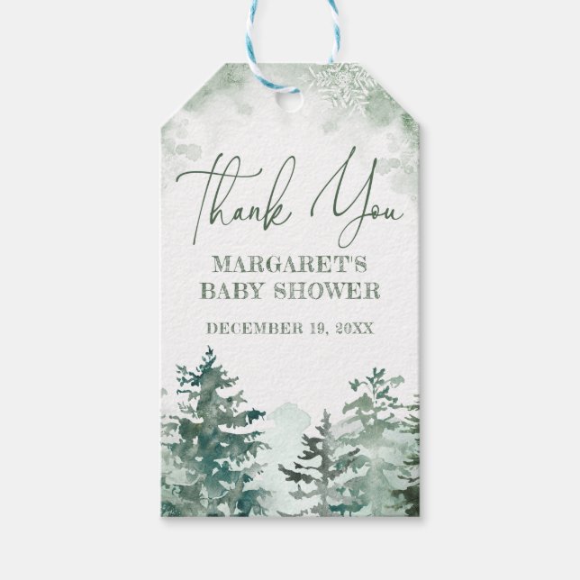 Étiquettes-cadeau baby shower forestier d'hiver Merci (Devant)