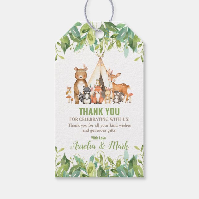 Étiquettes-cadeau Baby shower Forêt des animaux des forêts tribales  (Devant)