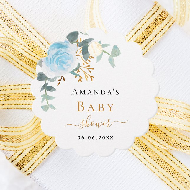 Étiquettes Cadeau Baby shower garçon bleu floral eucalyptus merci (Créateur téléchargé)