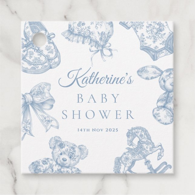 Étiquettes Cadeau Baby shower Garçon bleu Toile de Jouy (Devant)