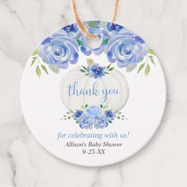Étiquettes Cadeau Baby shower garçon citrouille à fleurs bleu blanc (Devant)