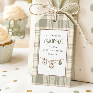 Étiquettes-cadeau Baby Shower Gingham Vert Sauge BBQ Vintage