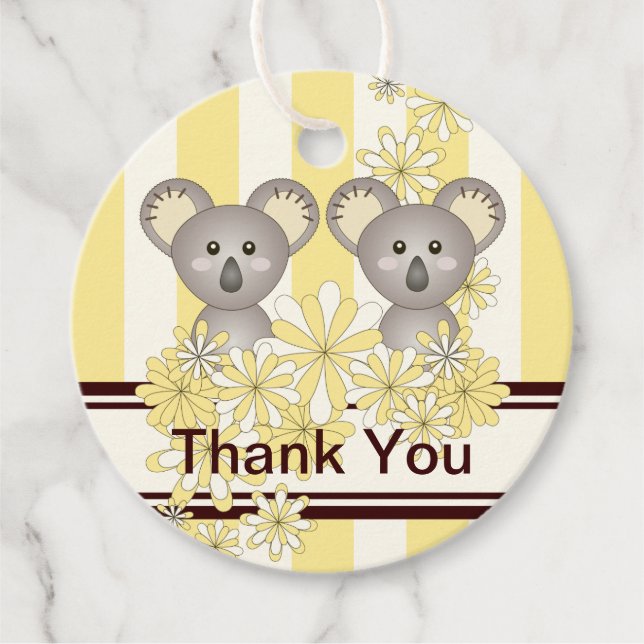 Étiquettes Cadeau Baby shower jumeau Koala Jaune / Merci d'anniversa (Devant)