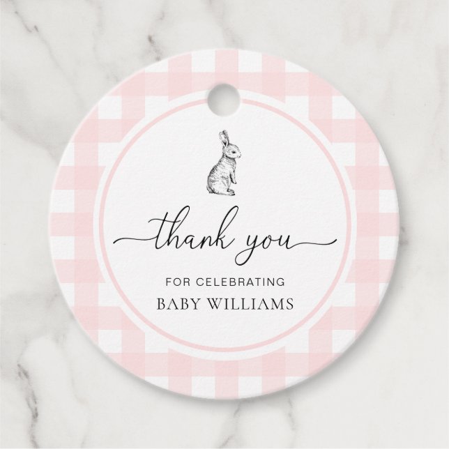 Étiquettes Cadeau Baby shower lapin En vichy rose (Devant)