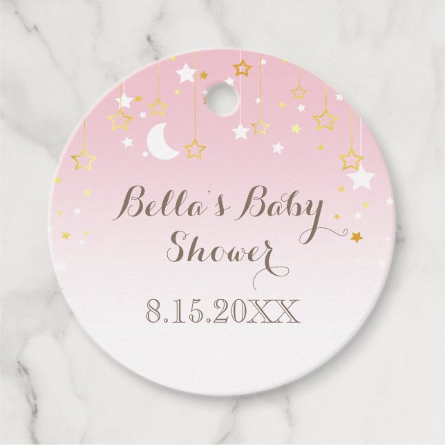 Étiquettes Cadeau Baby shower Lune aux étoiles roses (Devant)